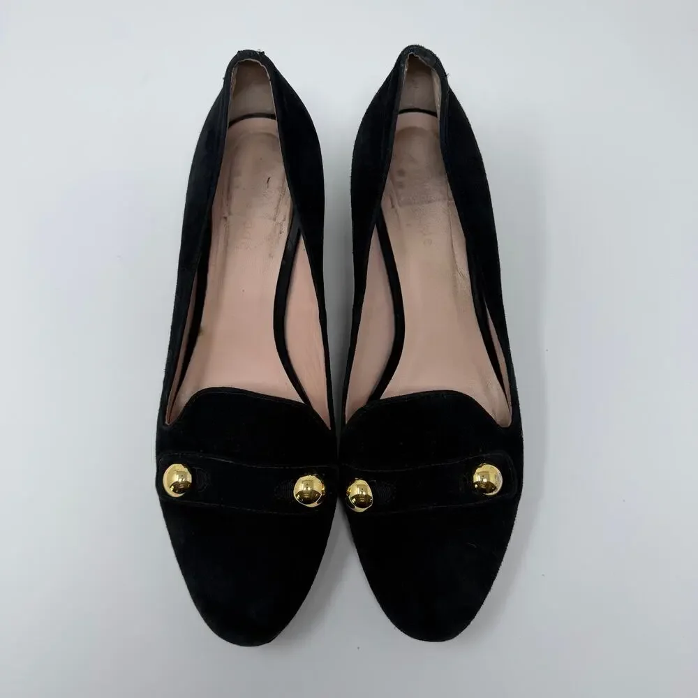 Kate Spade Black Suede Block Heel Pumps 9.5 Gold Stud